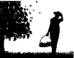 Silhouette avec panier de champignons et arbre